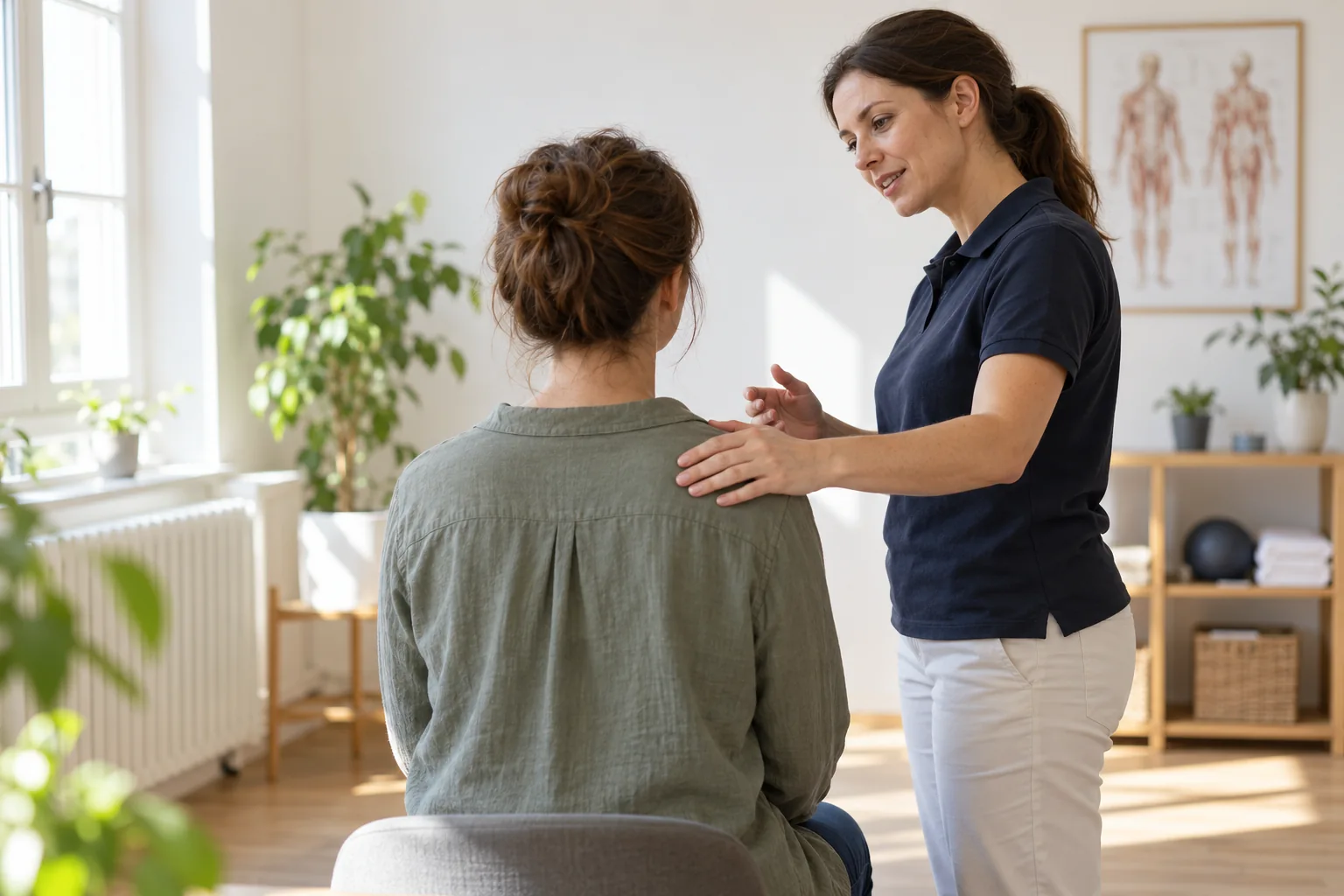 Terapeuta a nyomás erősségéről beszélget egy ülő vendéggel